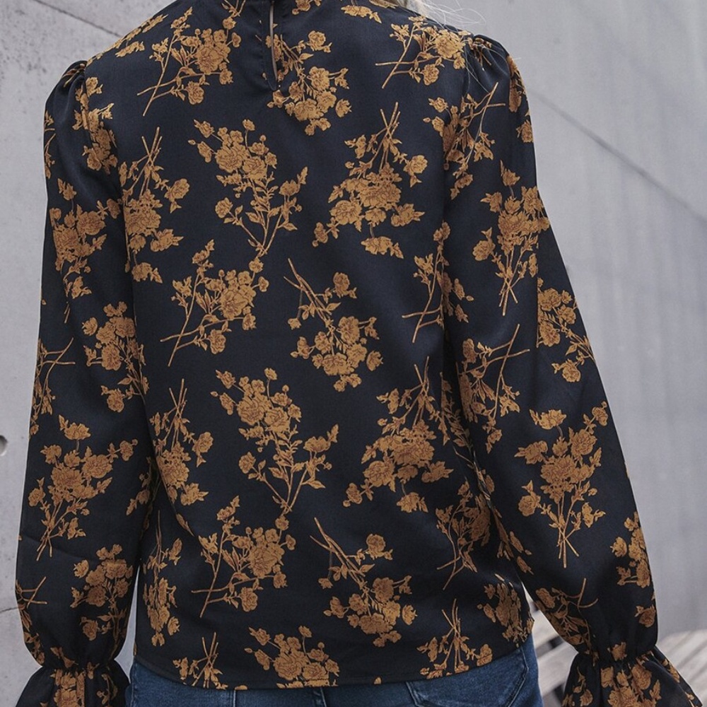 Boho floral print ruffle classic top black blouse - Picture 4 of 6